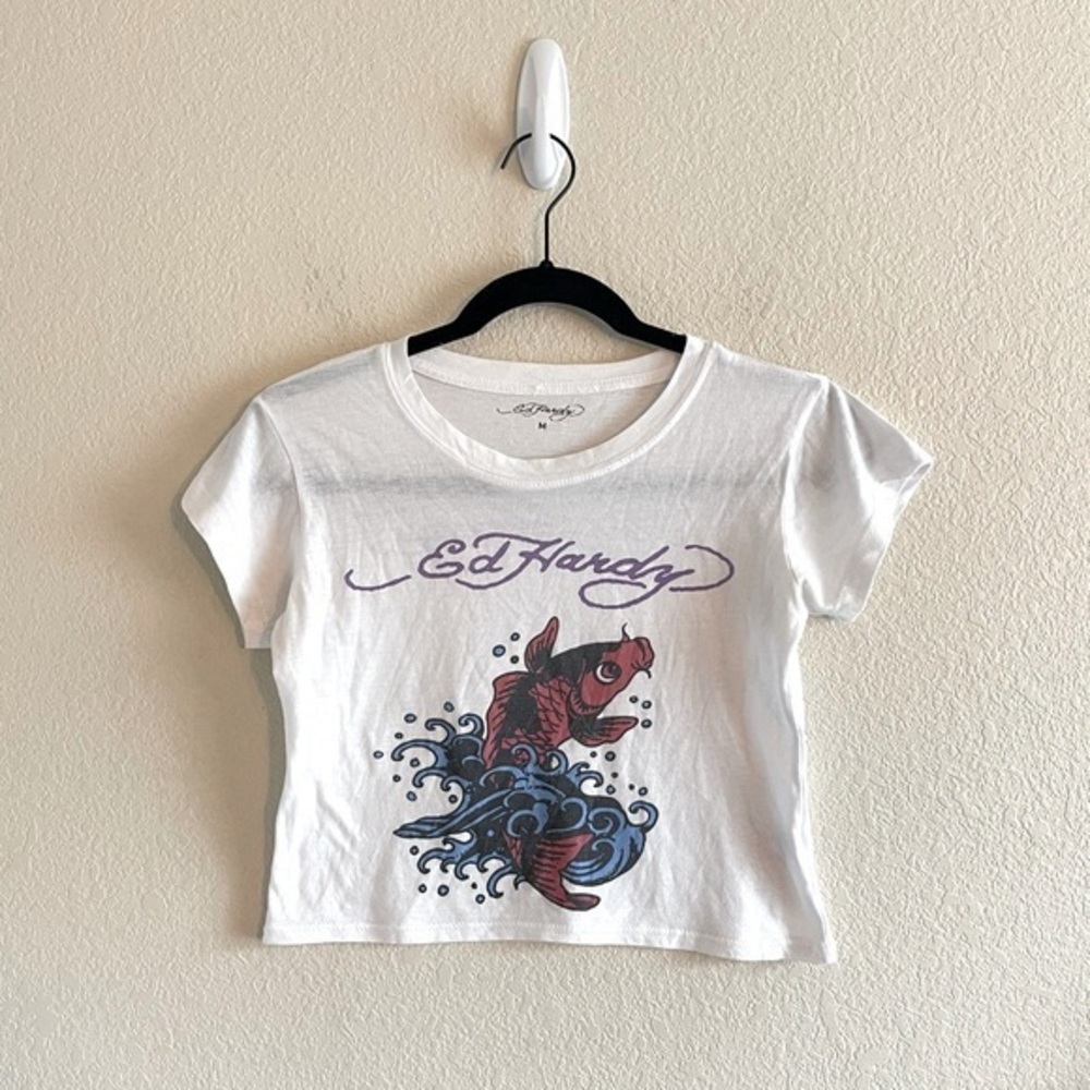 Y2K Ed Hardy Crop Top Baby Tee Koi Fish Graphic Short Sleeve Womens Size Medium